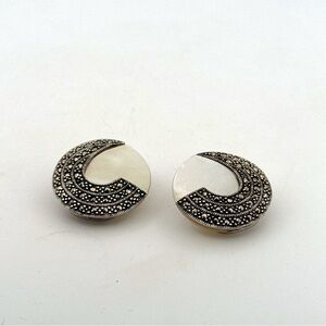 Large 925 Sterling silver mother of pearl and marcasite clip on earrings